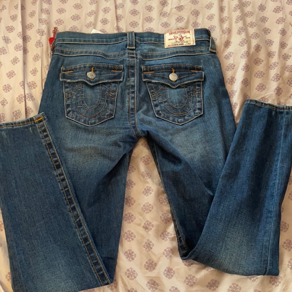 True Religion Dark Wash Low Rise Jeans, size 28